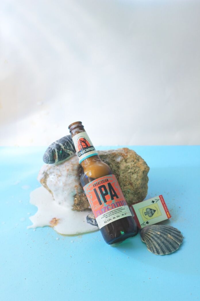 Close-up of an IPA beer bottle placed on a rock with seashells on a light blue surface.